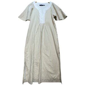 Duffield Lane Women's Split Neck Midi Dress Short Sleeve Sz S Beige White Stripe